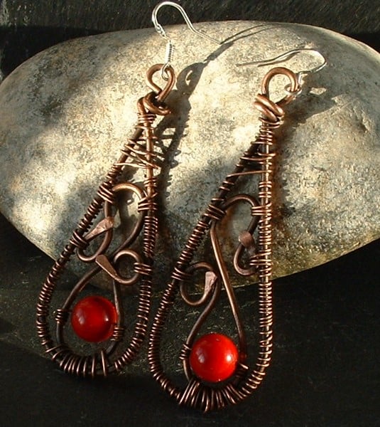 "Rambling Rose" Rustic Copper Wire Wrapped Earrings with Red Ceramic Beads