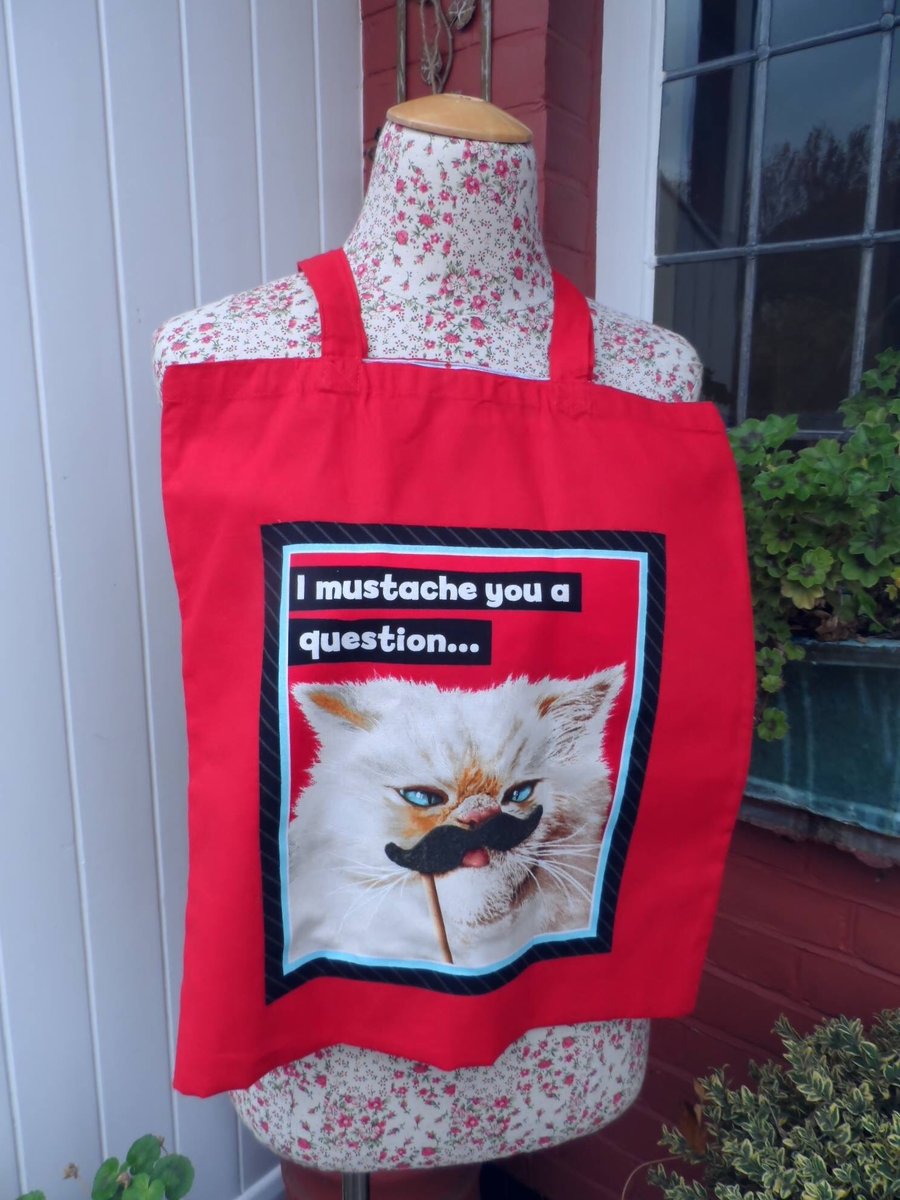 Cat character Shopping bag with cat applique motif 'I moustache you a question'