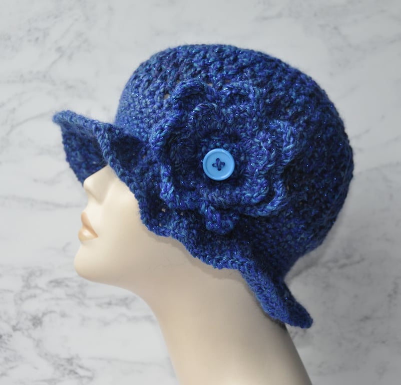 Hand Crocheted 1920s Flapper Hat Beanie Blue Sparkle Crochet Flower