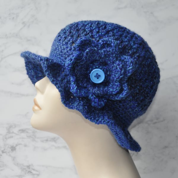 Hand Crocheted 1920s Flapper Hat Beanie Blue Sparkle Crochet Flower