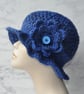 Hand Crocheted 1920s Flapper Hat Beanie Blue Sparkle Crochet Flower - Image 1