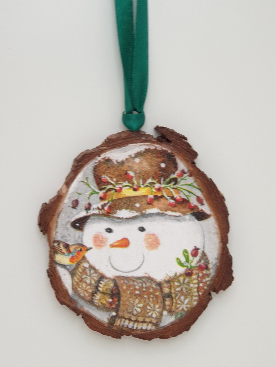 Snowman Christmas decoration, hanging wood slice 