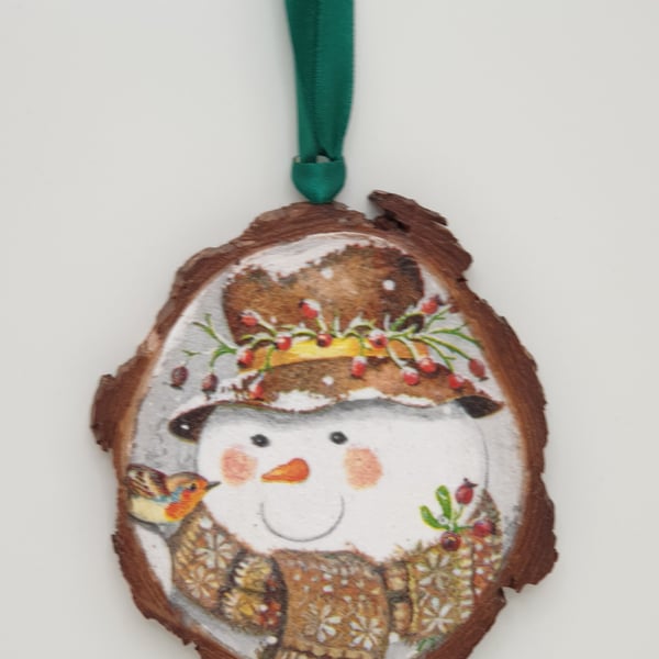 Snowman Christmas decoration, hanging wood slice 