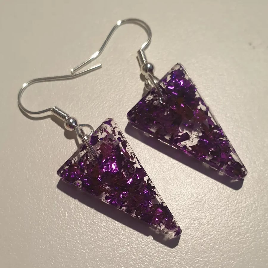 Triangle purple metallic flakes resin earrings