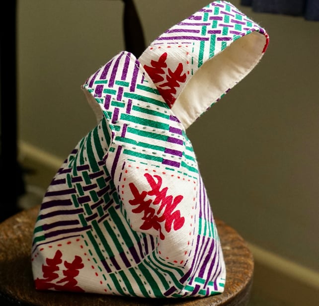 Double Happiness Knot Bag, Hand-printed Fabric, Vintage Print Small Handbag