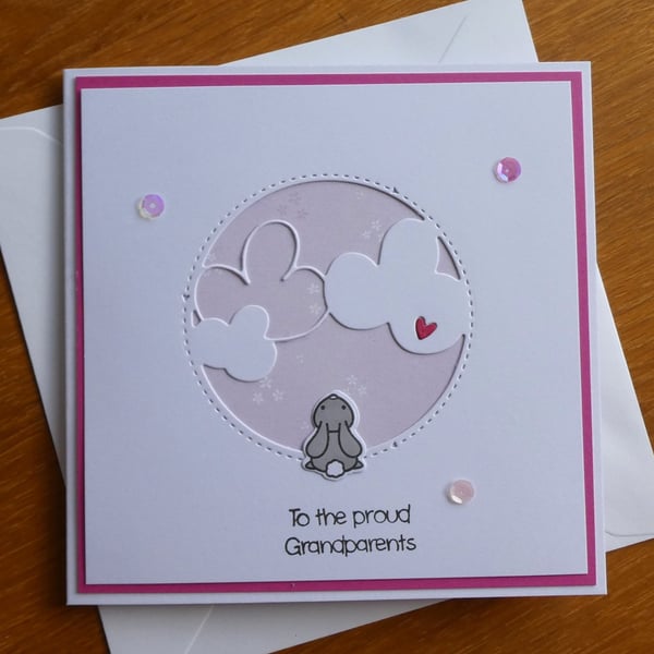 Grandparents Card - Rabbit With Clouds - Pink
