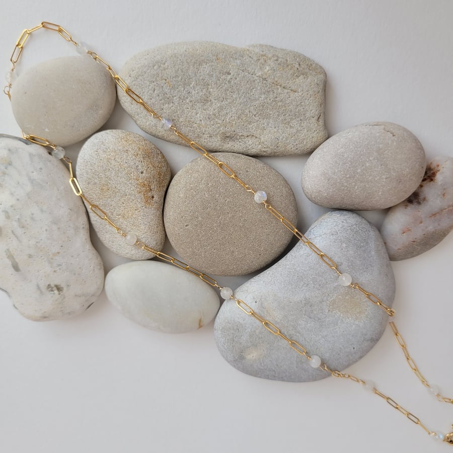 Moonstone and Gold Filled Paperclip Chain Necklace