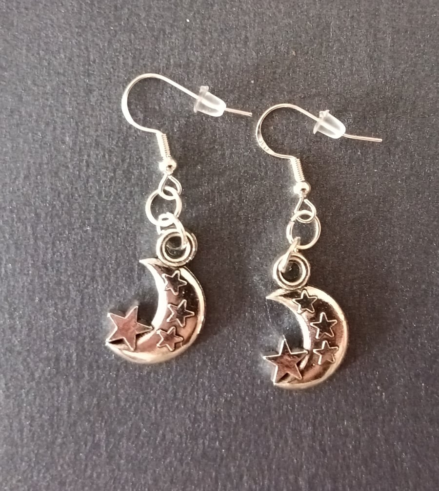 Silver chunky moon and star detail charm dangle earrings 
