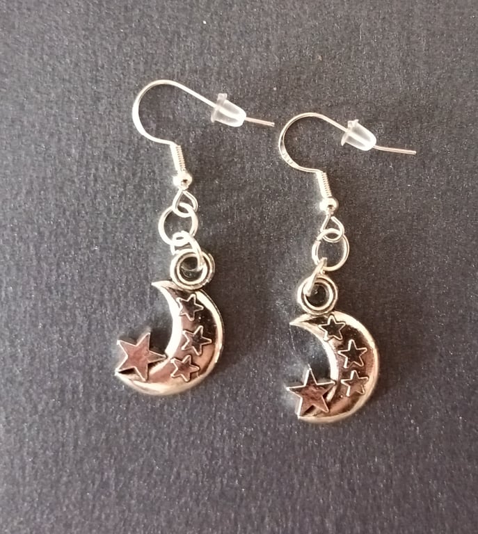 Silver chunky moon and star detail charm dangle earrings 