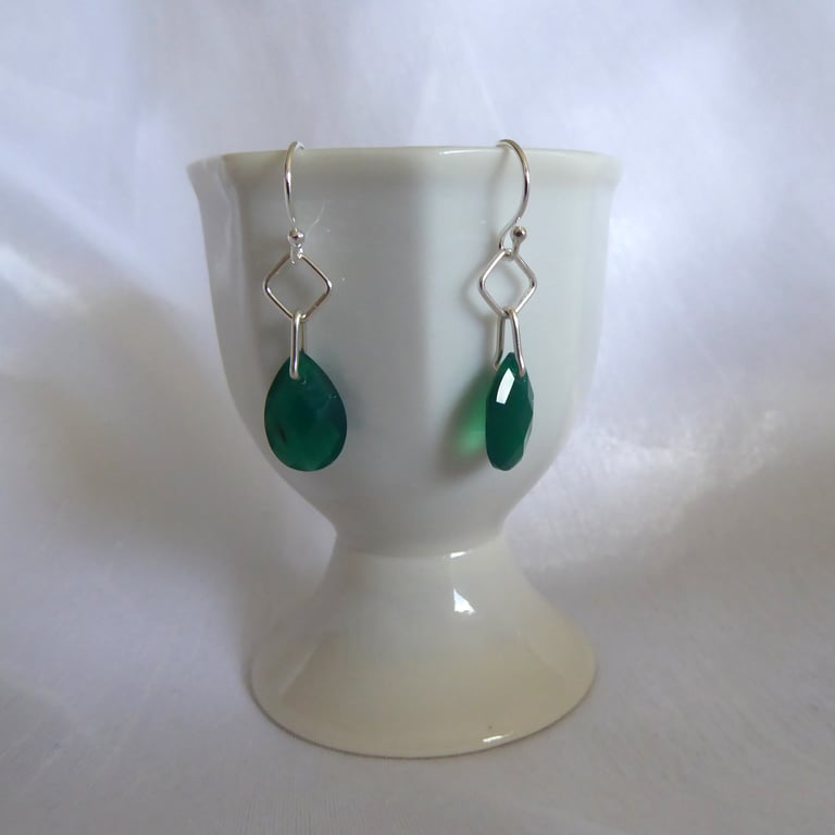  AAA Quality Faceted Green Onyx and Sterling Silver Earrings