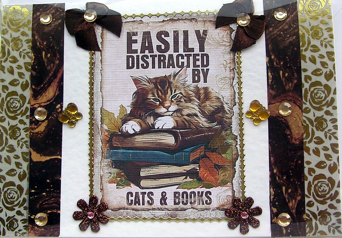 Cat & Books - Hand Crafted Decoupage Greeting Card - Blank - 2766