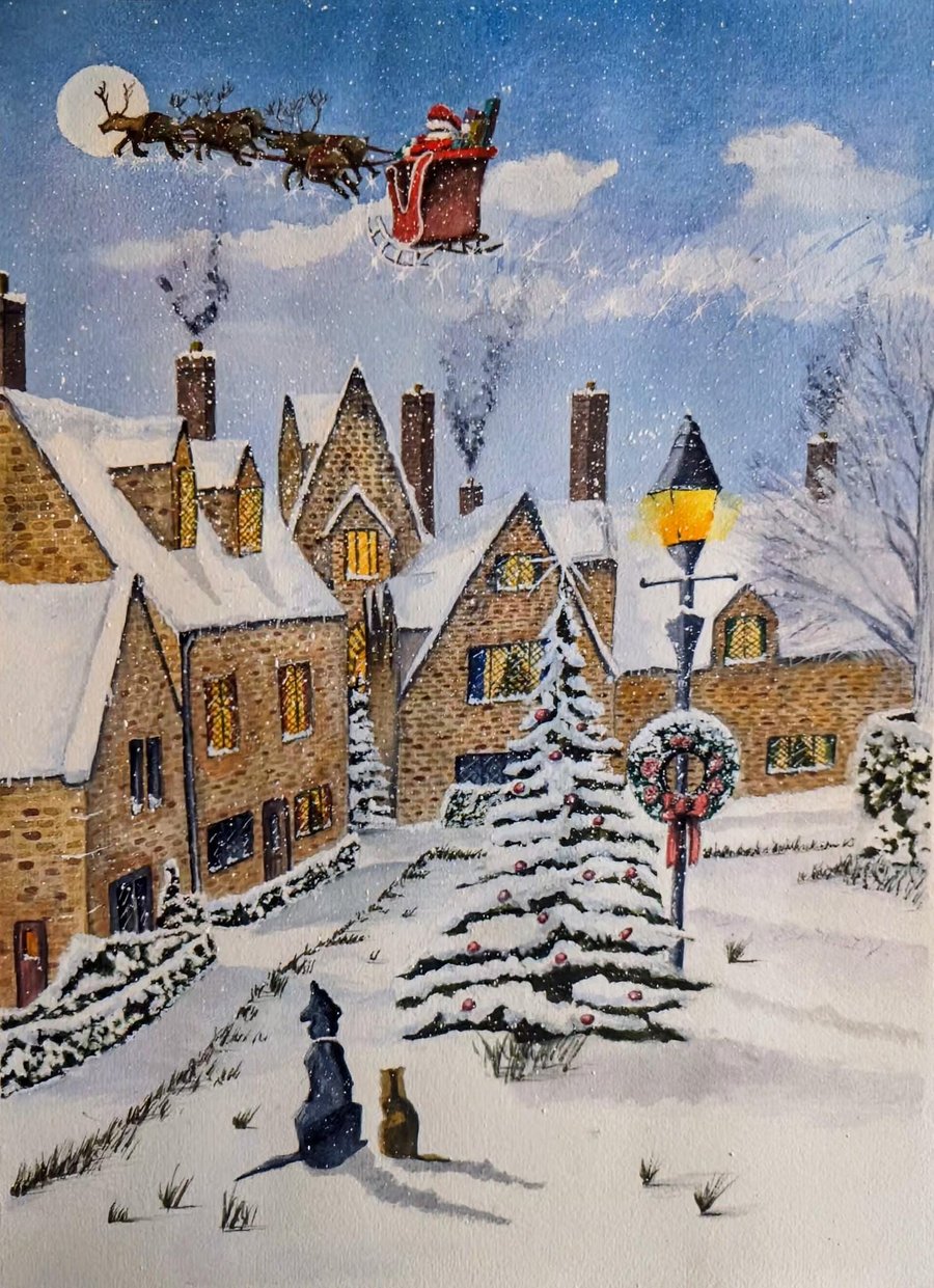 Santa Sleigh Christmas Eve Winter Village A4 Watercolour Print