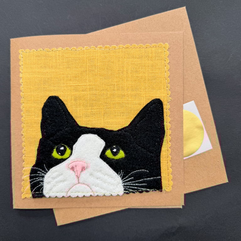 black and white cat free motion appliqué blank greetings card