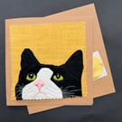 black and white cat free motion appliqué blank greetings card