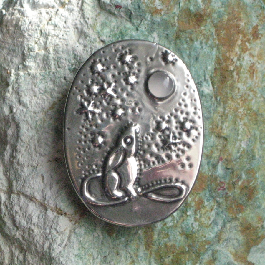 Moongazing Hare Silver Pewter Brooch with Moonstone