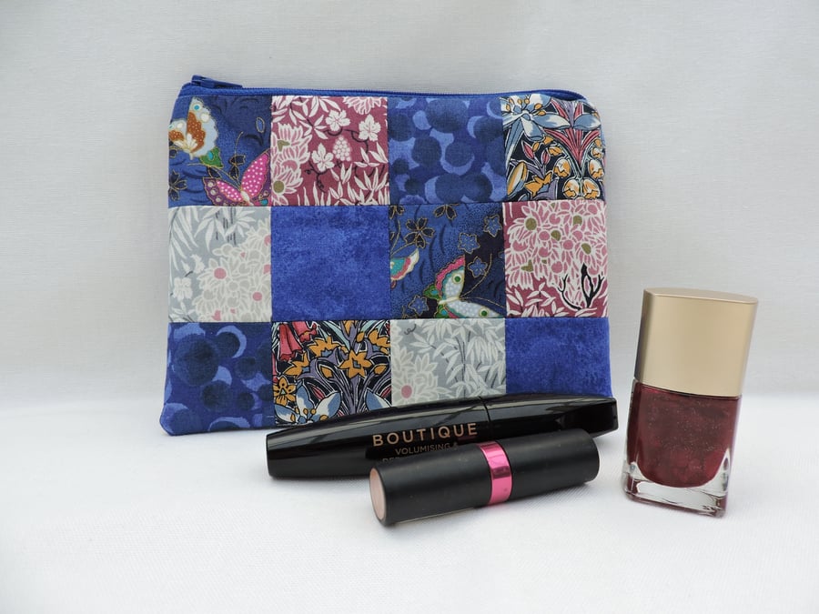 Make Up Bag  Zipped Pouch  Patchwork Blue Grey Pink Sale