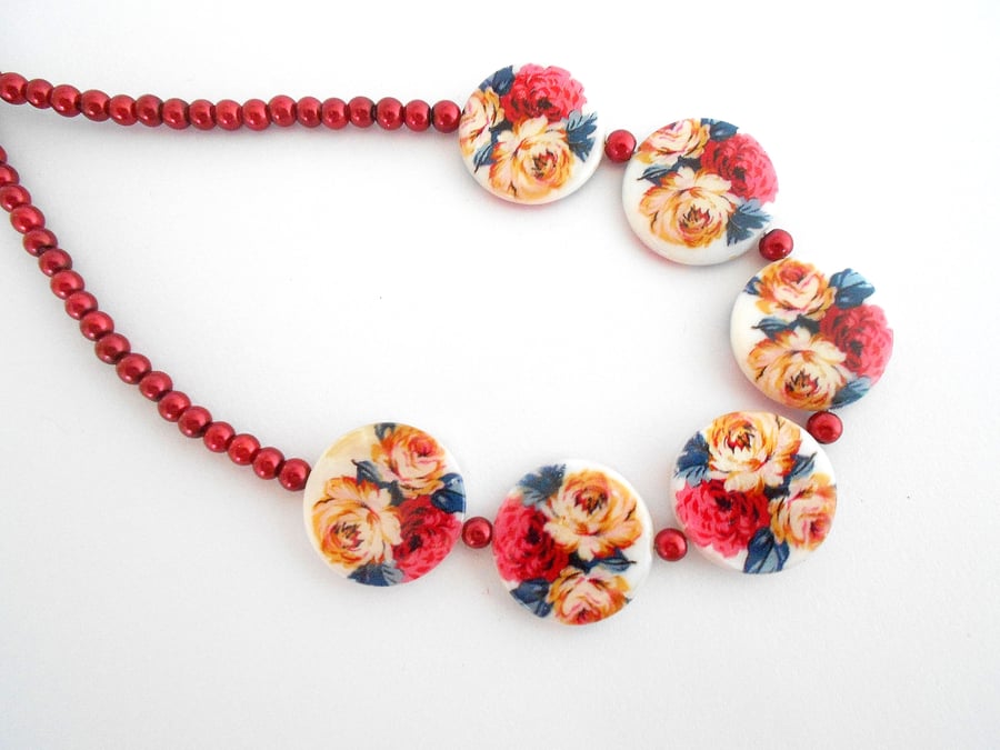 Scarlet & cream roses necklace