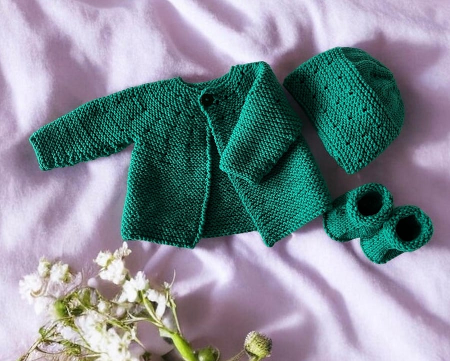 Hand Knitted Green Baby Cardigan, Hat & Bootees