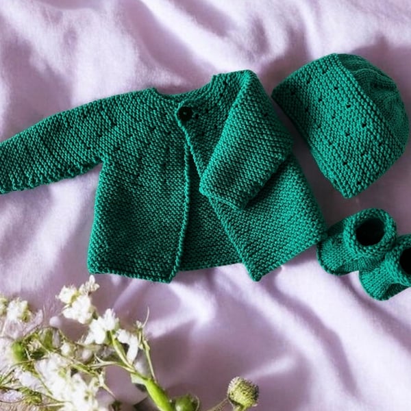 Hand Knitted Green Baby Cardigan, Hat & Bootees