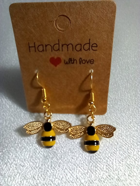Bumblebee earrings, Nature jewellery,Bee drop earrings, Gold yellow dangle earri