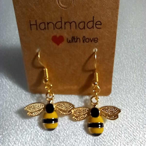 Bumblebee earrings, Nature jewellery,Bee drop earrings, Gold yellow dangle earri