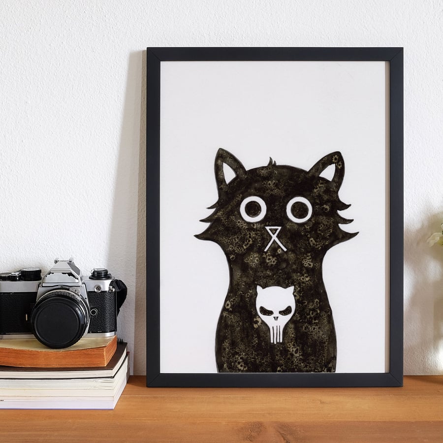Black Cat Gift, Halloween Gift, Skull Art Print, Superhero Print, Punisher Style
