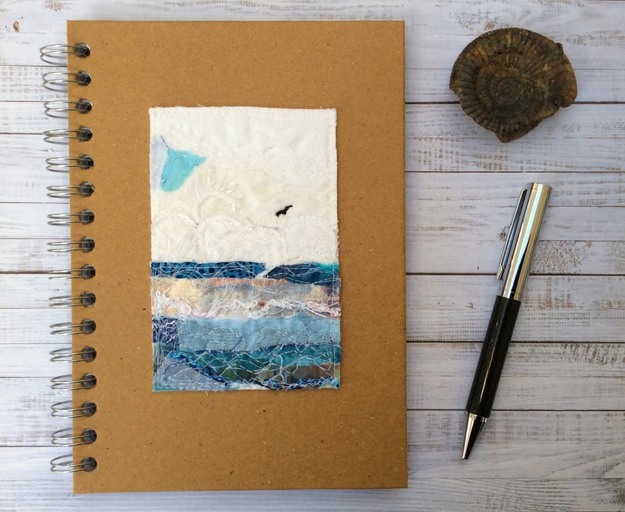 Embroidered seascape hardback lined notebook.