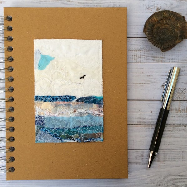 Embroidered seascape hardback lined notebook.
