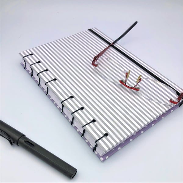Dots and Stripes Grey - A5 Notebook - Coptic Stitched