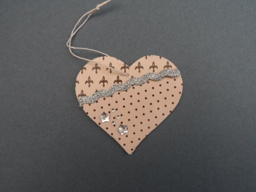 Decoupaged 7cm hanging heart (beige) - SALE Item 40% off
