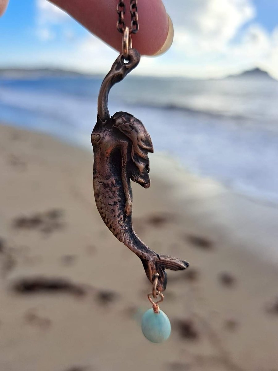 Bronze Cornish mermaid necklace with turquoise bead