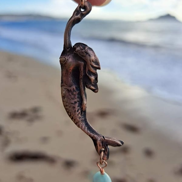 Bronze Cornish mermaid necklace with turquoise bead