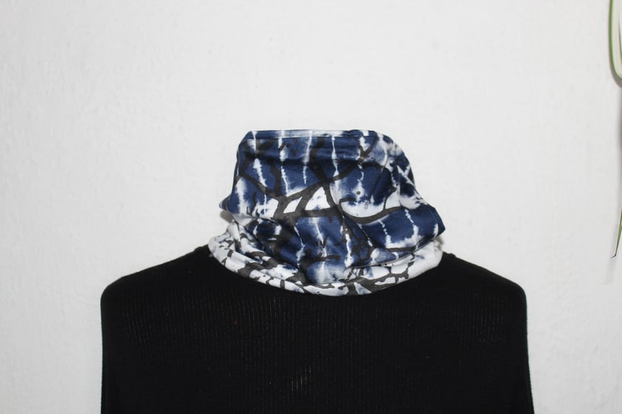Neck warmer Snood scarf, tie dye blue and white abstract tree print, Eco gift