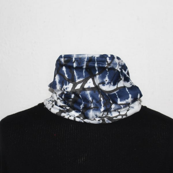 Neck warmer Snood scarf, tie dye blue and white abstract tree print, Eco gift