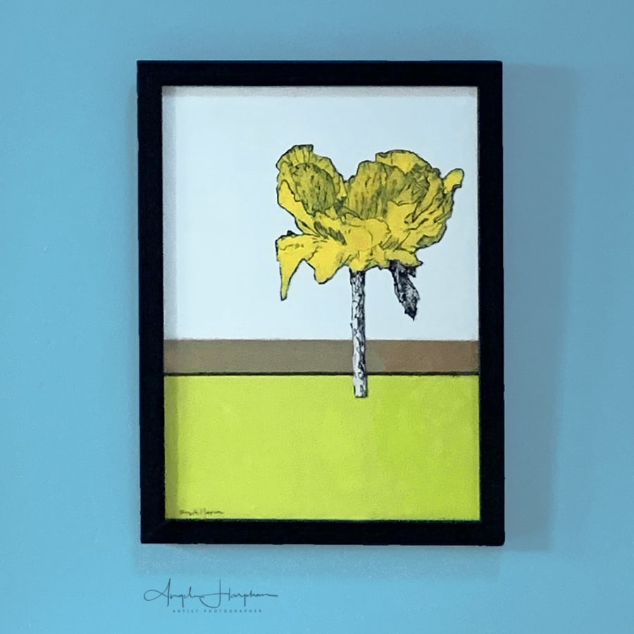 Contemporary Framed Drawing with Collage - Stylised Yellow Flower