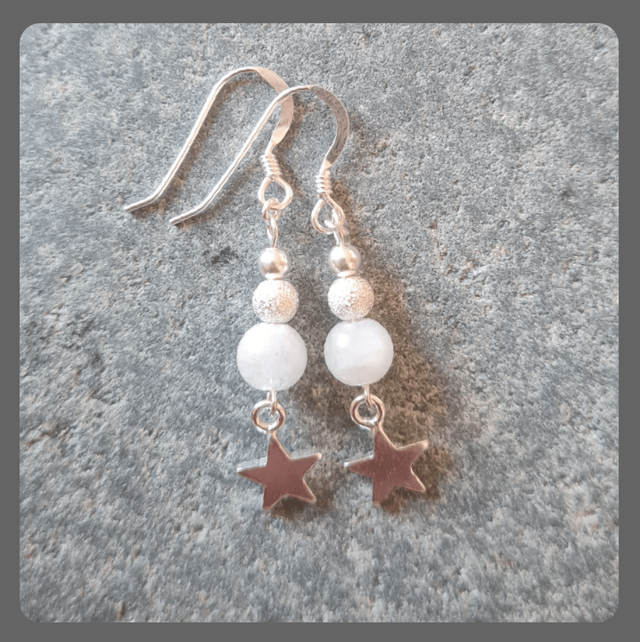 Unusual Moonstone and Sterling Silver Star Dangly Earrings for pierced ears