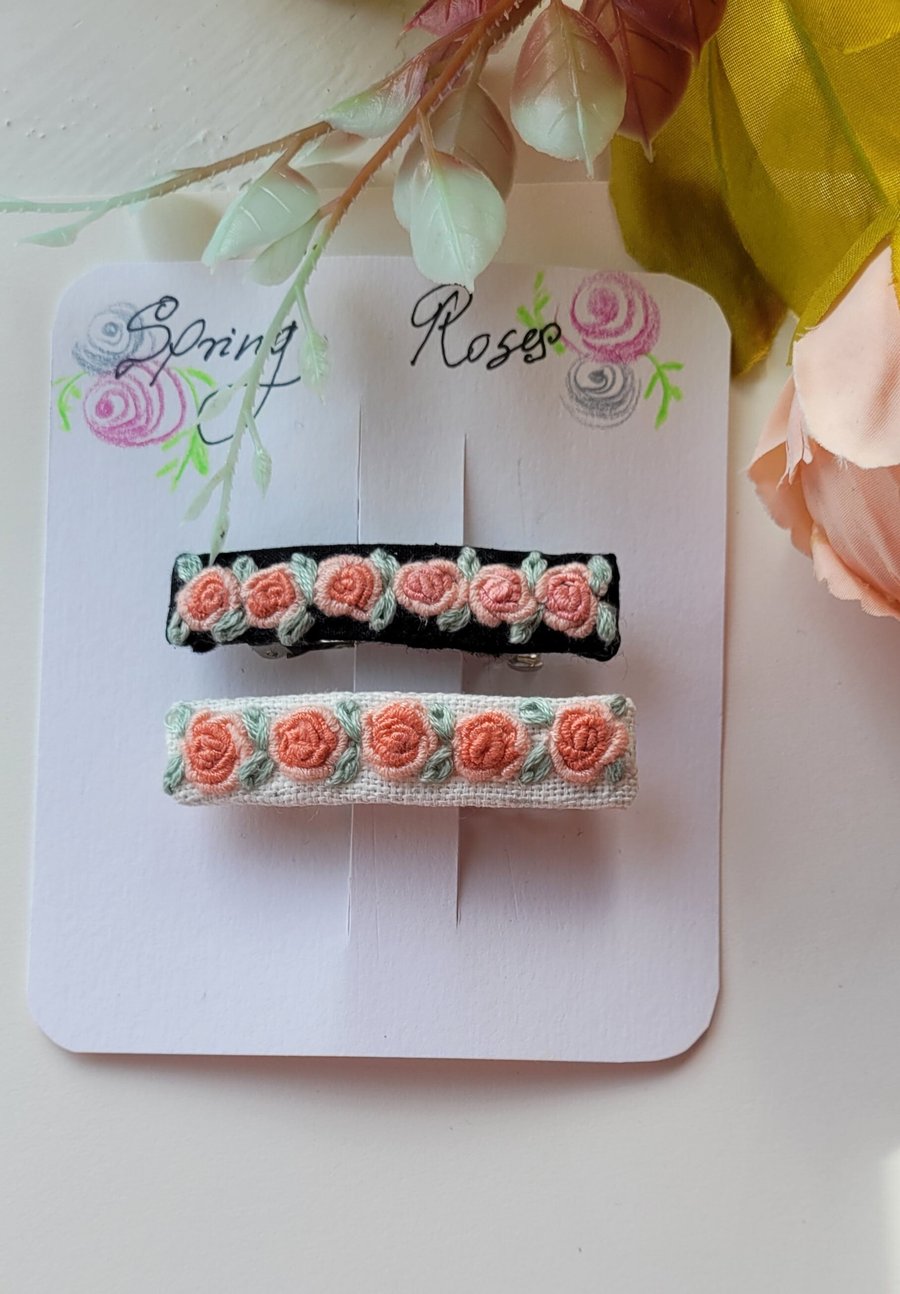 Hand embroidered roses french barrette, vintage roses, valentine Gift for he