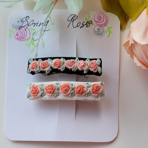 Hand embroidered roses french barrette, vintage roses, valentine Gift for he