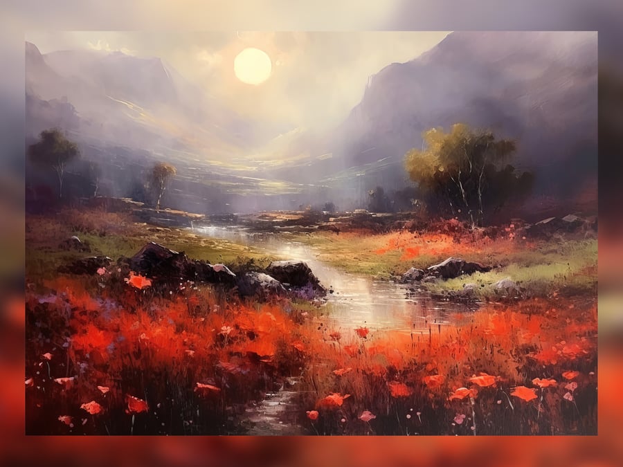 Poppies on River Bank at Sunset, Oil Painting Print, Landscape Art, 5x7