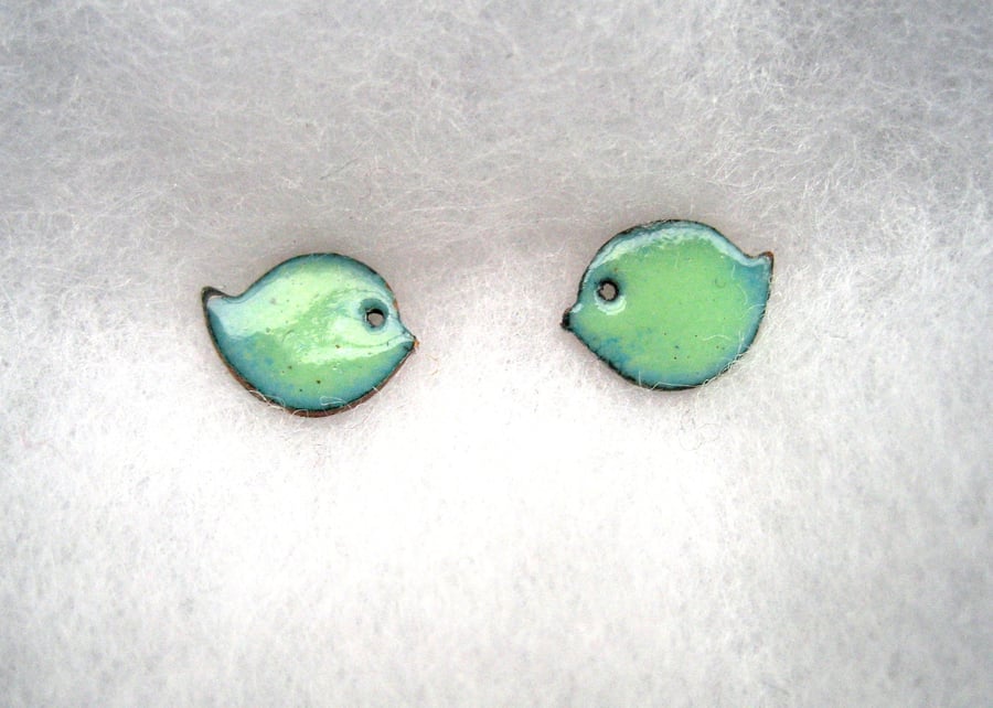 Green enamelled little bird stud earrings