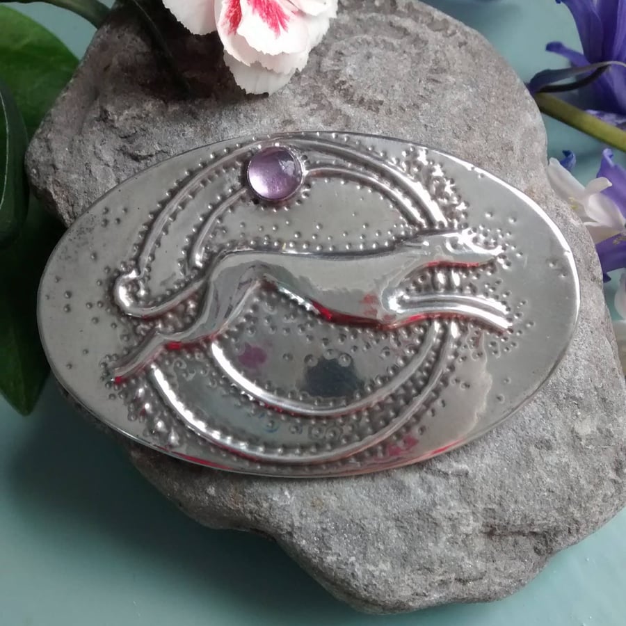 Greyhound Brooch, Silver Pewter with Amethyst, Art Deco Inspired