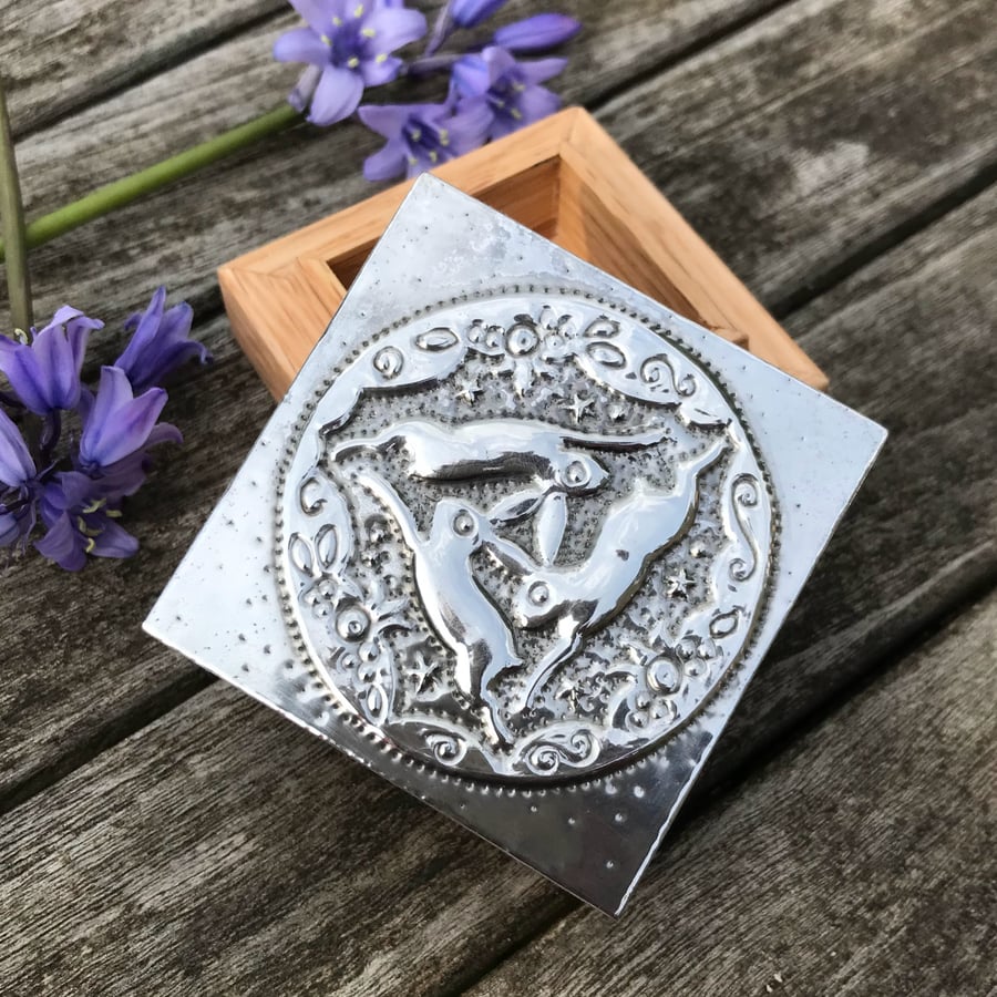 Three Hares Ring Box Handmade in Pewter