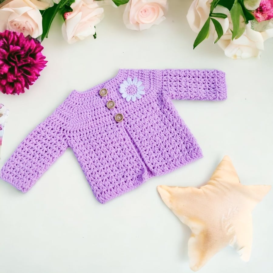 Lilac baby cardigan with white daisy applique 0 - 3 months 