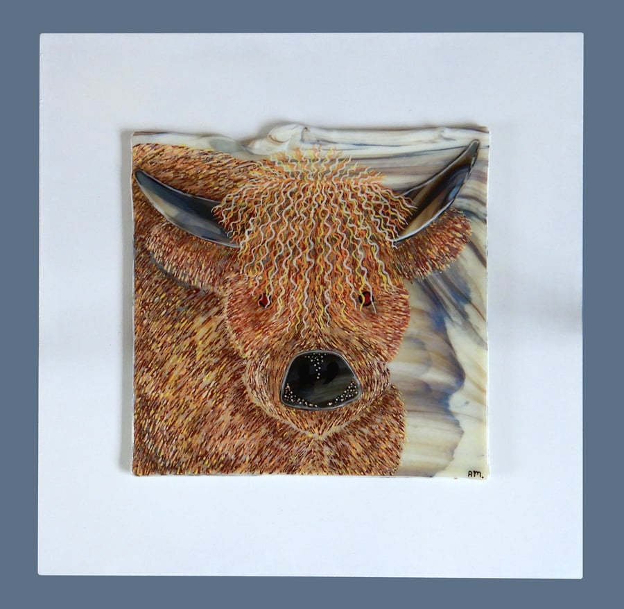 Handmade Fused Glass 'HIGHLAND COW' Painting