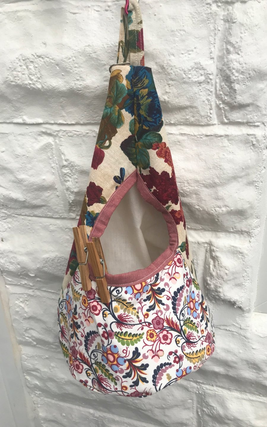 Floral Linen Peg Bag, Lined Storage Bag for Pegs