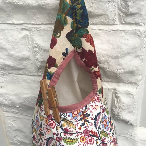 Floral Linen Peg Bag, Lined Storage Bag for Pegs