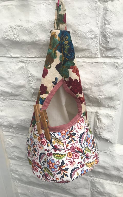 Floral Linen Peg Bag, Lined Storage Bag for Pegs