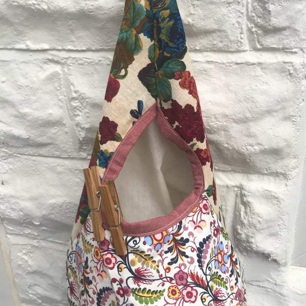 Floral Linen Peg Bag, Lined Storage Bag for Pegs