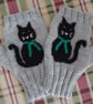 Cats With Shiny Eyes And Green Collars On Grey Aran Fingerless Gloves (J196)