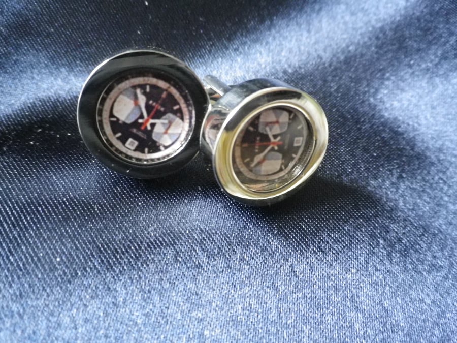 Retro watchface cufflinks, white & red hands, free shipping, gift wrapped
